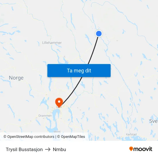 Trysil Busstasjon to Nmbu map