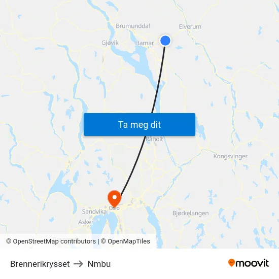 Brennerikrysset to Nmbu map