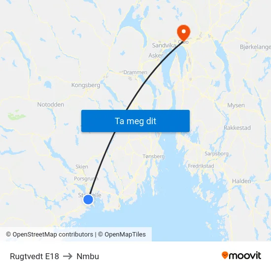 Rugtvedt E18 to Nmbu map