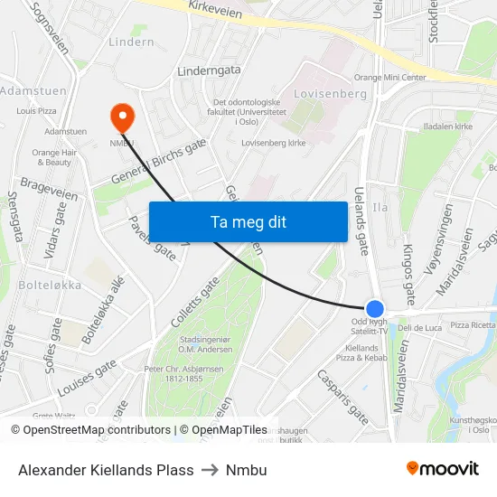 Alexander Kiellands Plass to Nmbu map