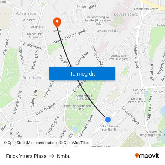 Falck Ytters Plass to Nmbu map