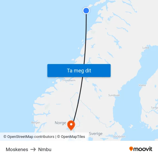 Moskenes to Nmbu map