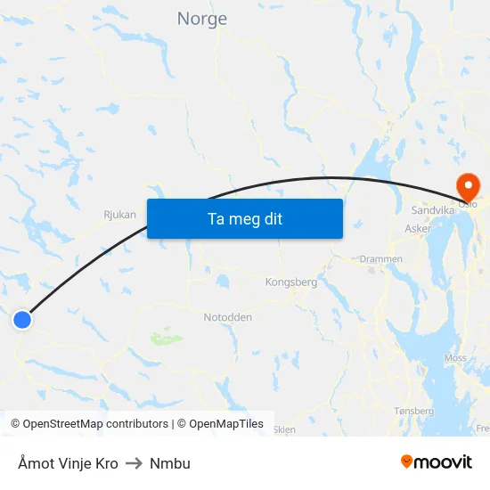 Åmot Vinje Kro to Nmbu map