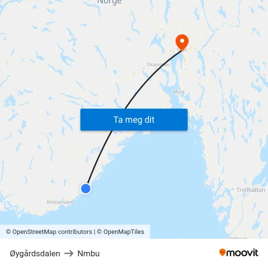 Øygårdsdalen to Nmbu map
