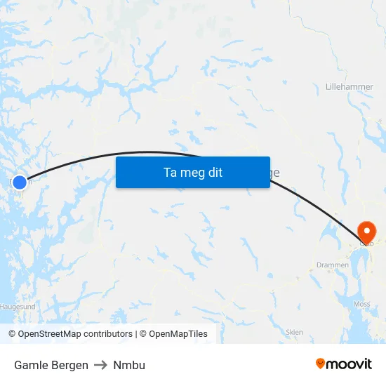Gamle Bergen to Nmbu map
