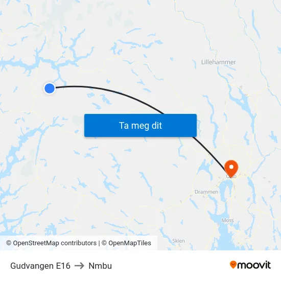 Gudvangen E16 to Nmbu map