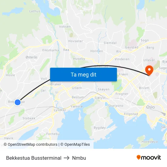 Bekkestua Bussterminal to Nmbu map