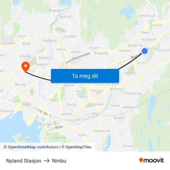 Nyland Stasjon to Nmbu map