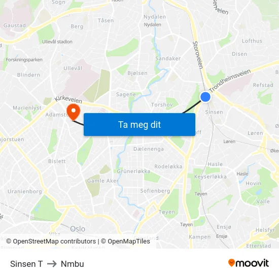 Sinsen T to Nmbu map