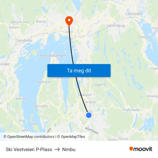 Ski Vestveien P-Plass to Nmbu map