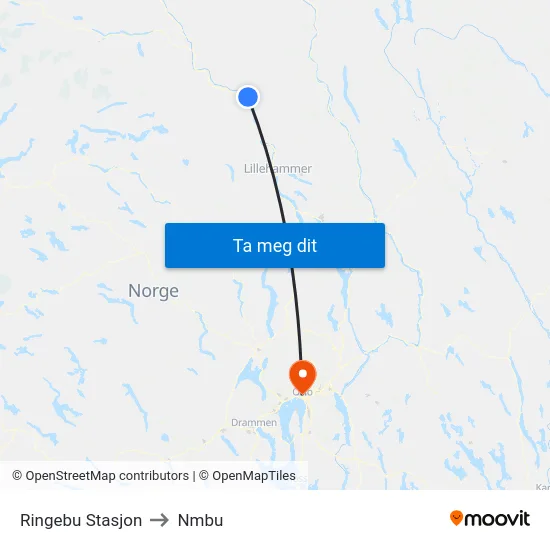 Ringebu Stasjon to Nmbu map