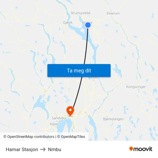 Hamar Stasjon to Nmbu map