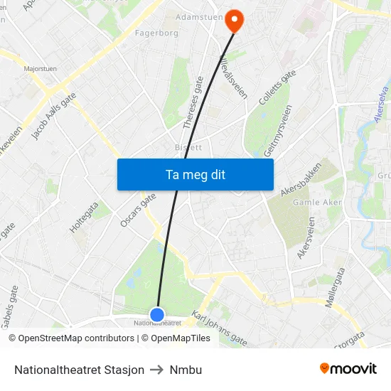 Nationaltheatret Stasjon to Nmbu map