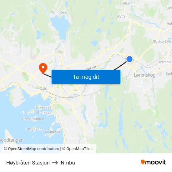Høybråten Stasjon to Nmbu map