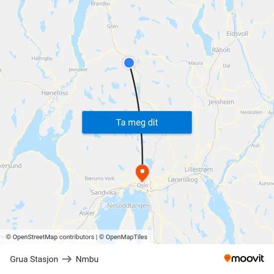 Grua Stasjon to Nmbu map