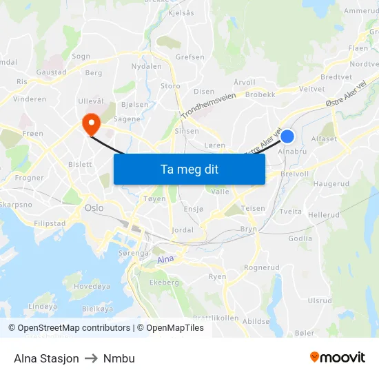 Alna Stasjon to Nmbu map