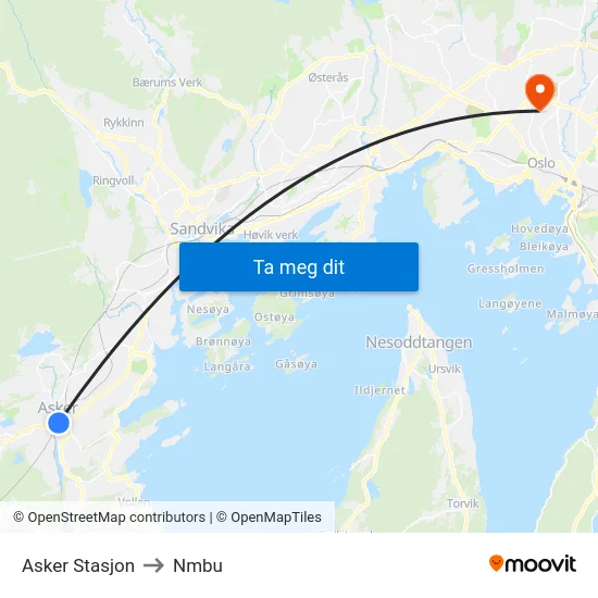 Asker Stasjon to Nmbu map