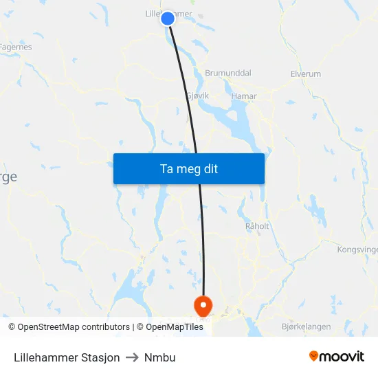Lillehammer Stasjon to Nmbu map
