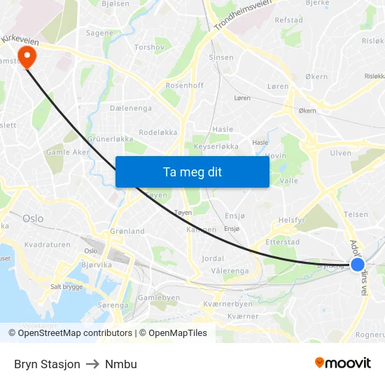 Bryn Stasjon to Nmbu map