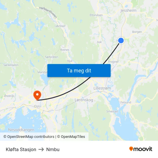 Kløfta Stasjon to Nmbu map