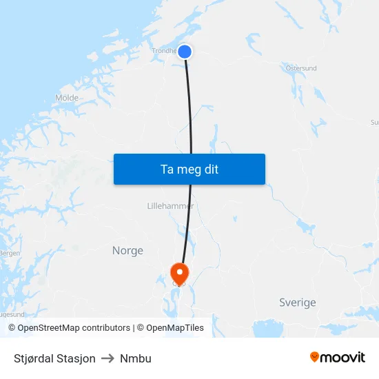 Stjørdal Stasjon to Nmbu map