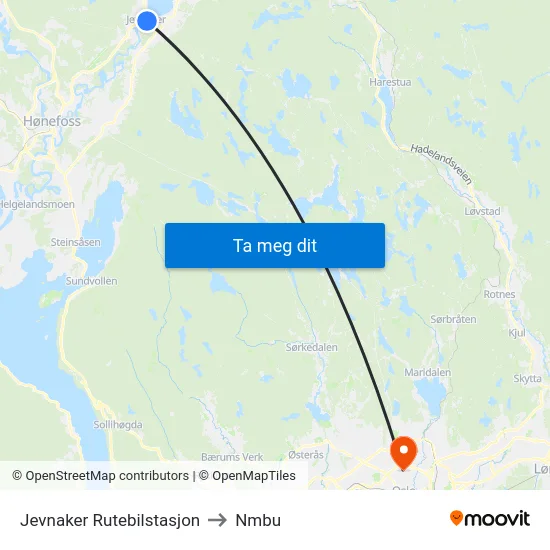 Jevnaker Rutebilstasjon to Nmbu map