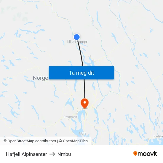 Hafjell Alpinsenter to Nmbu map