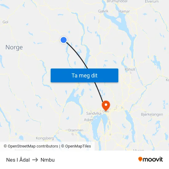 Nes I Ådal to Nmbu map