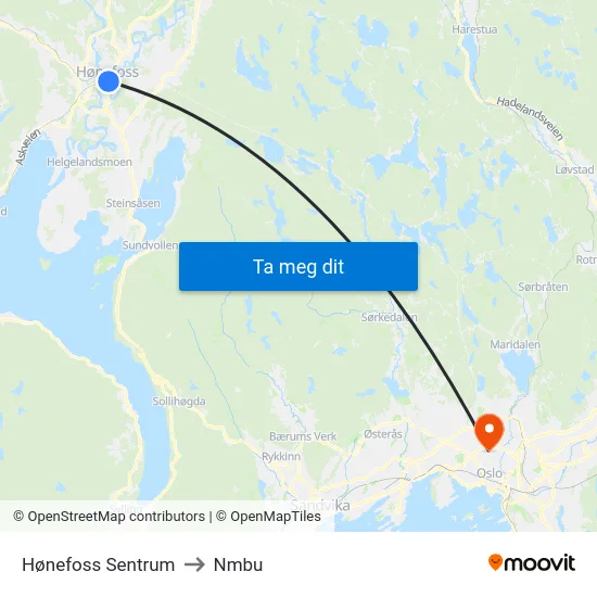 Hønefoss Sentrum to Nmbu map