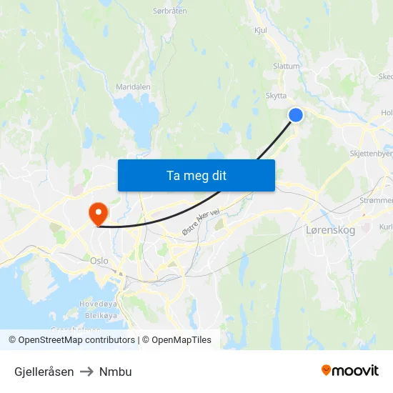 Gjelleråsen to Nmbu map