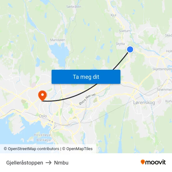 Gjelleråstoppen to Nmbu map