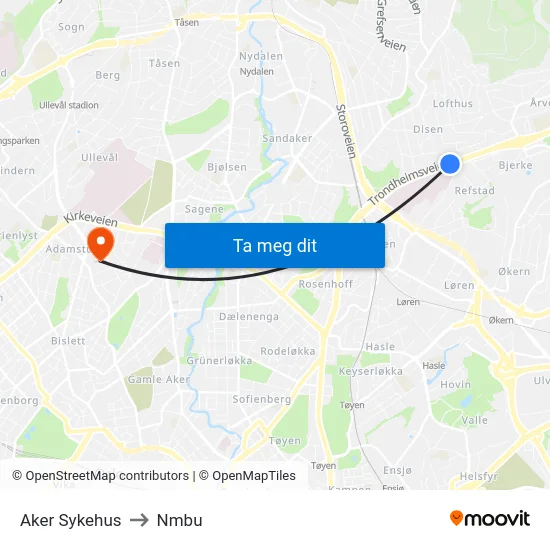 Aker Sykehus to Nmbu map