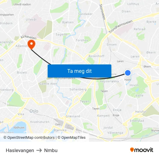 Haslevangen to Nmbu map