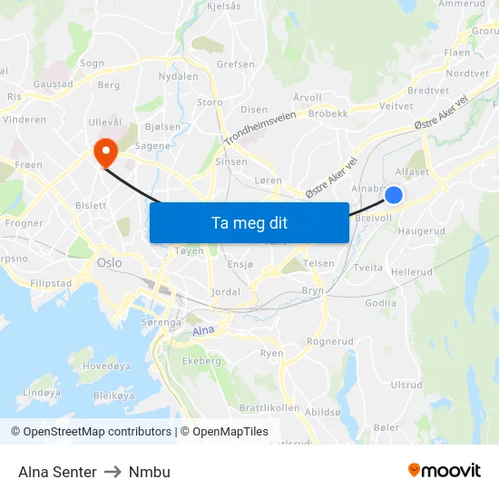 Alna Senter to Nmbu map