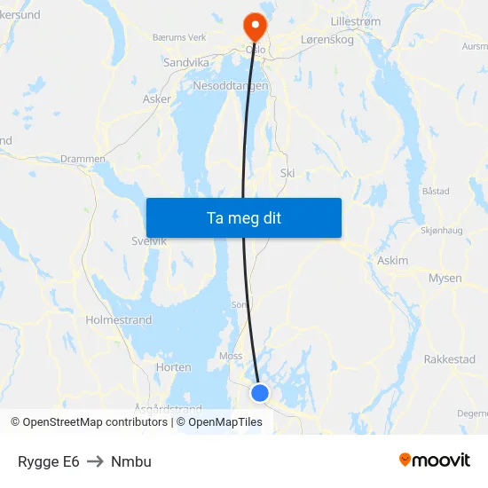 Rygge E6 to Nmbu map