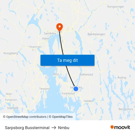 Sarpsborg Bussterminal to Nmbu map