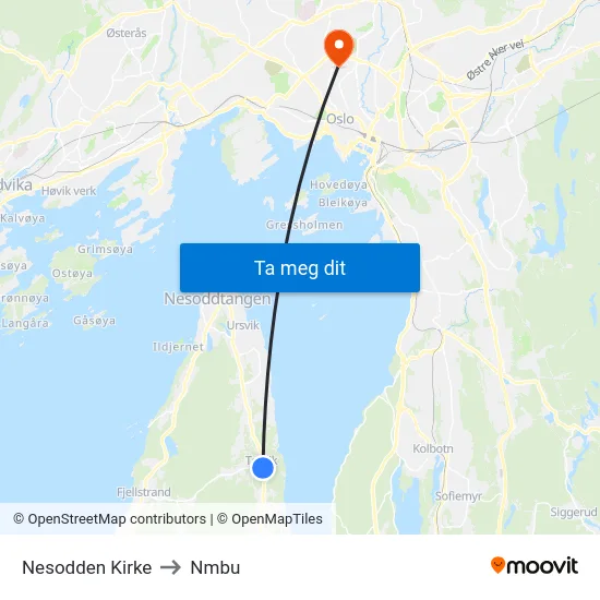 Nesodden Kirke to Nmbu map