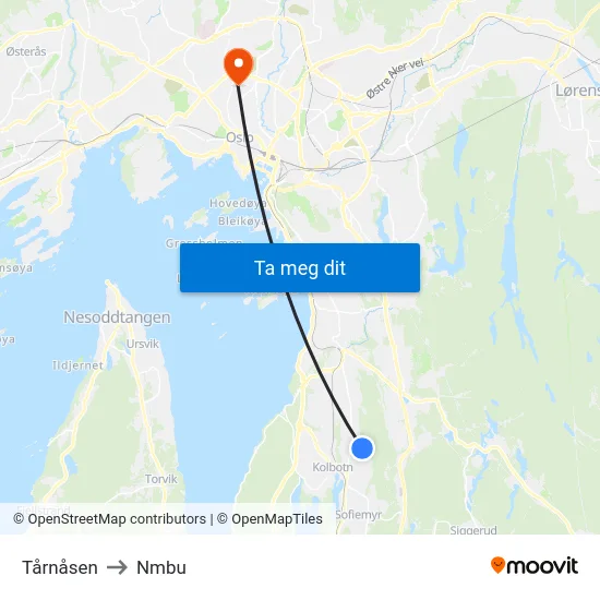 Tårnåsen to Nmbu map