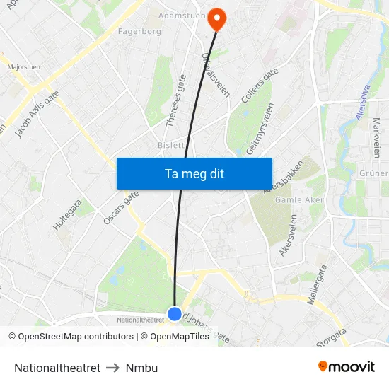 Nationaltheatret to Nmbu map