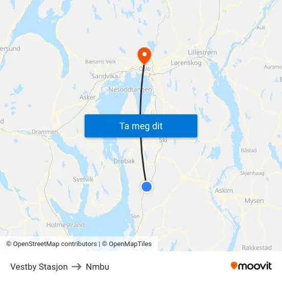Vestby Stasjon to Nmbu map