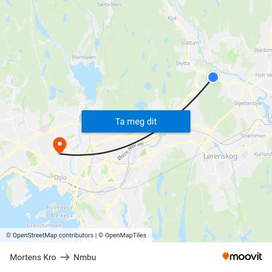 Mortens Kro to Nmbu map