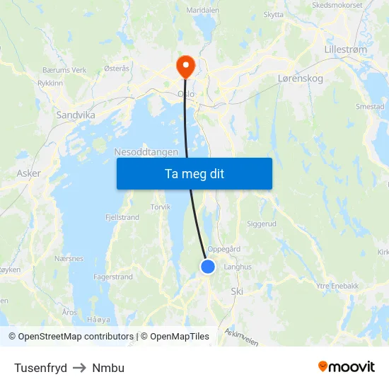 Tusenfryd to Nmbu map