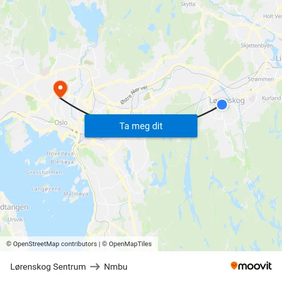 Lørenskog Sentrum to Nmbu map