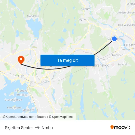 Skjetten Senter to Nmbu map