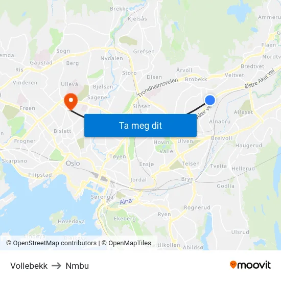 Vollebekk to Nmbu map