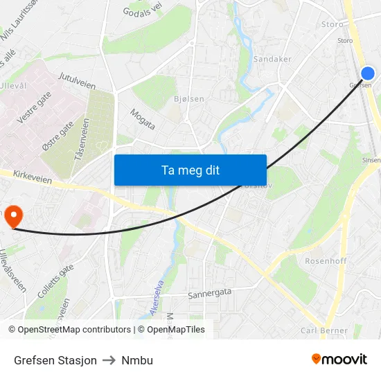 Grefsen Stasjon to Nmbu map