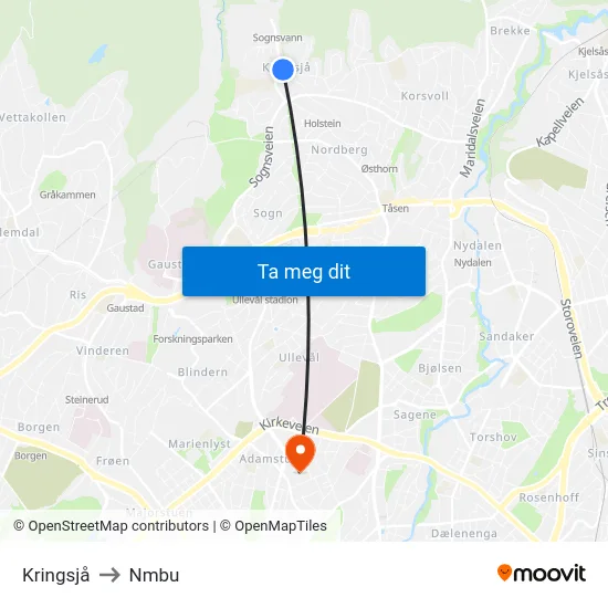 Kringsjå to Nmbu map