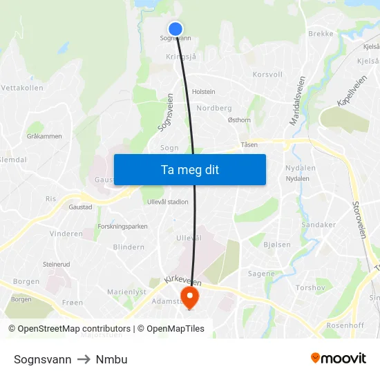 Sognsvann to Nmbu map