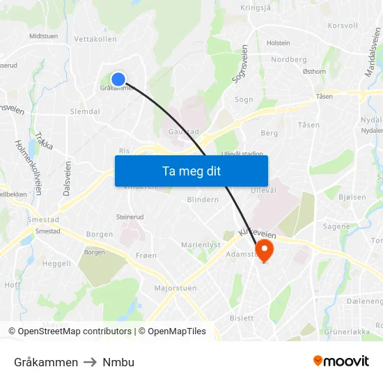 Gråkammen to Nmbu map