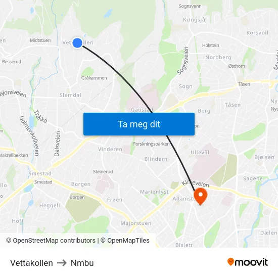 Vettakollen to Nmbu map